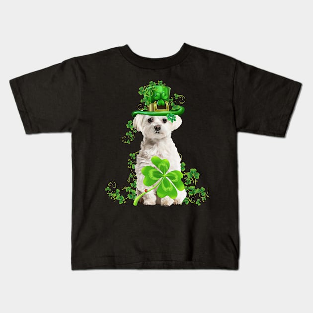 Lucky White Maltese Shamrock St Patrick's Day Kids T-Shirt by Benko Clarence